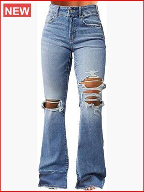 Bell Bottom Jeans Flared Ripped Stretchy Mid Rise Cut Out Distressed Denim
